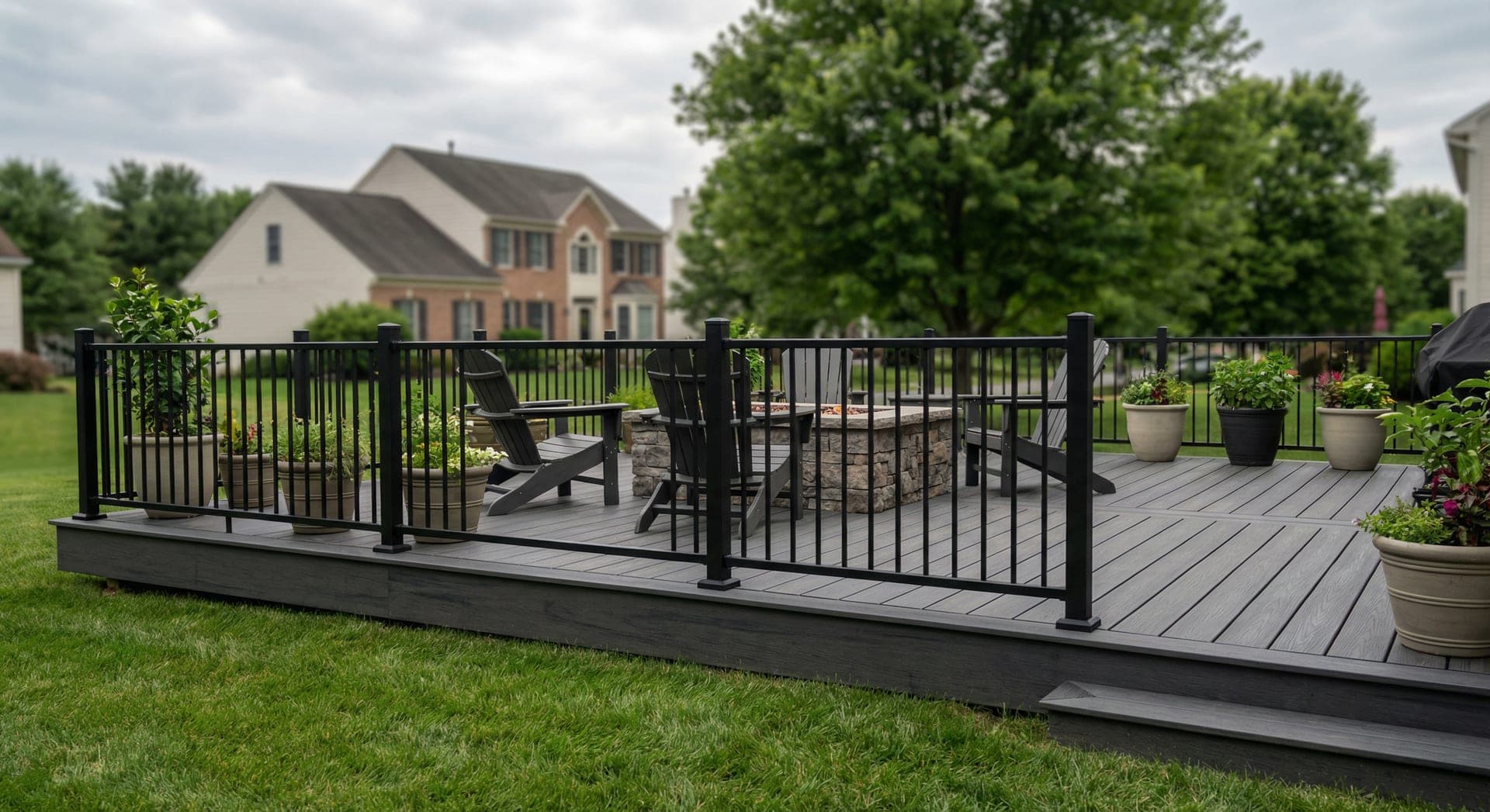Ground-level composite deck with fire pit and Adirondack chairs in suburban backyard