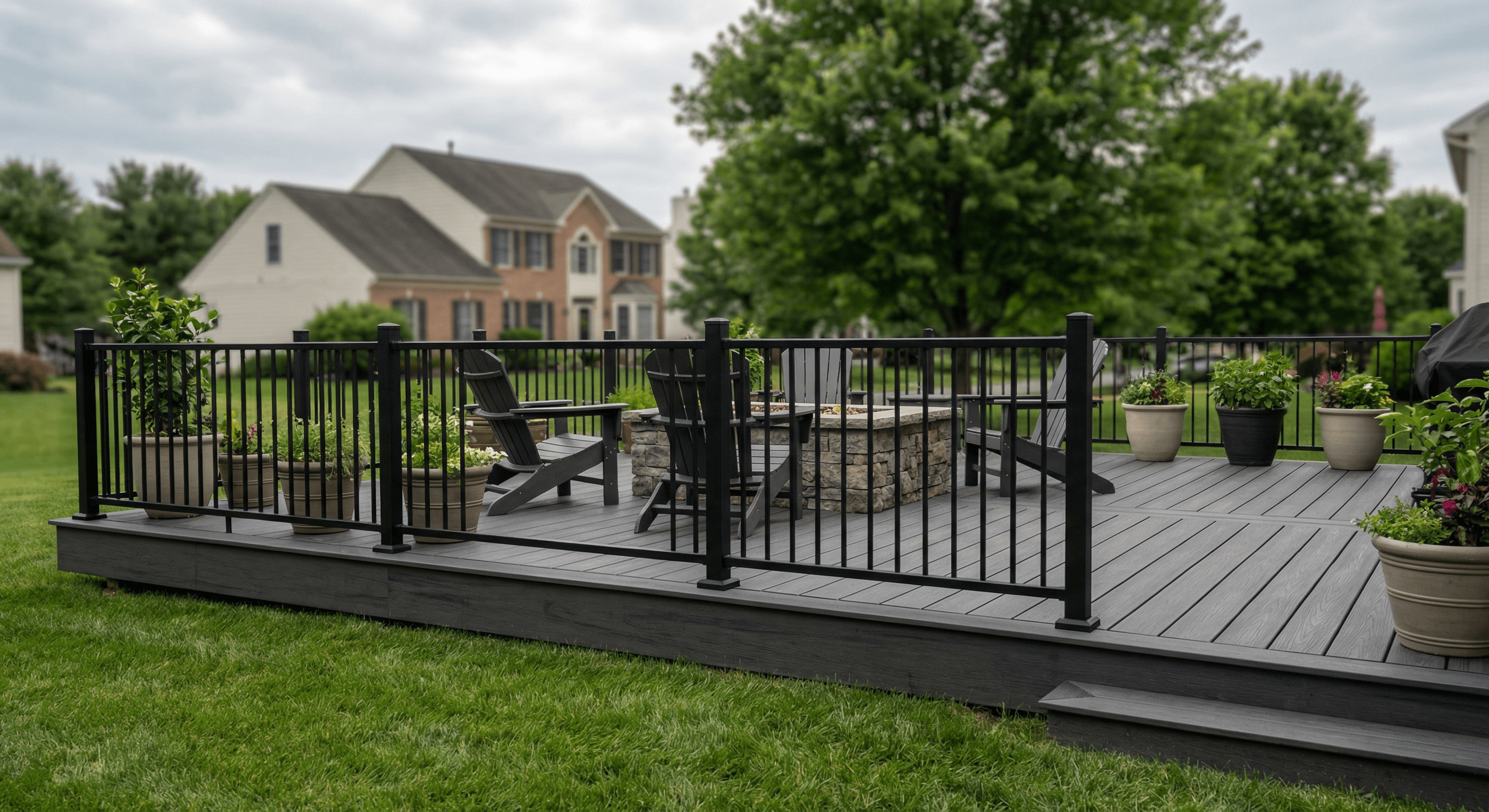 Ground-level composite deck with fire pit and Adirondack chairs in suburban backyard