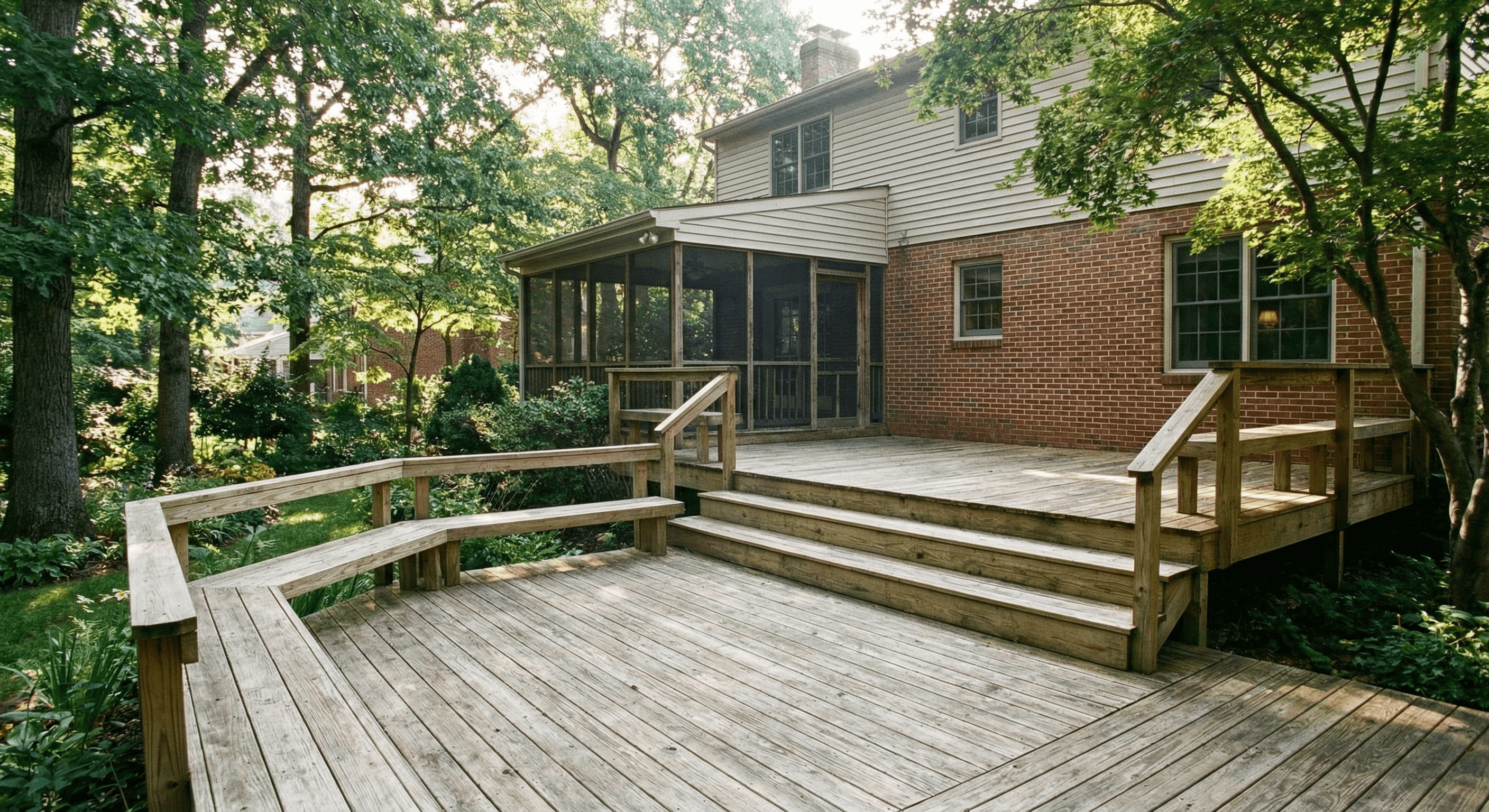 Multi-level pressure treated wood deck with screened porch on wooded property