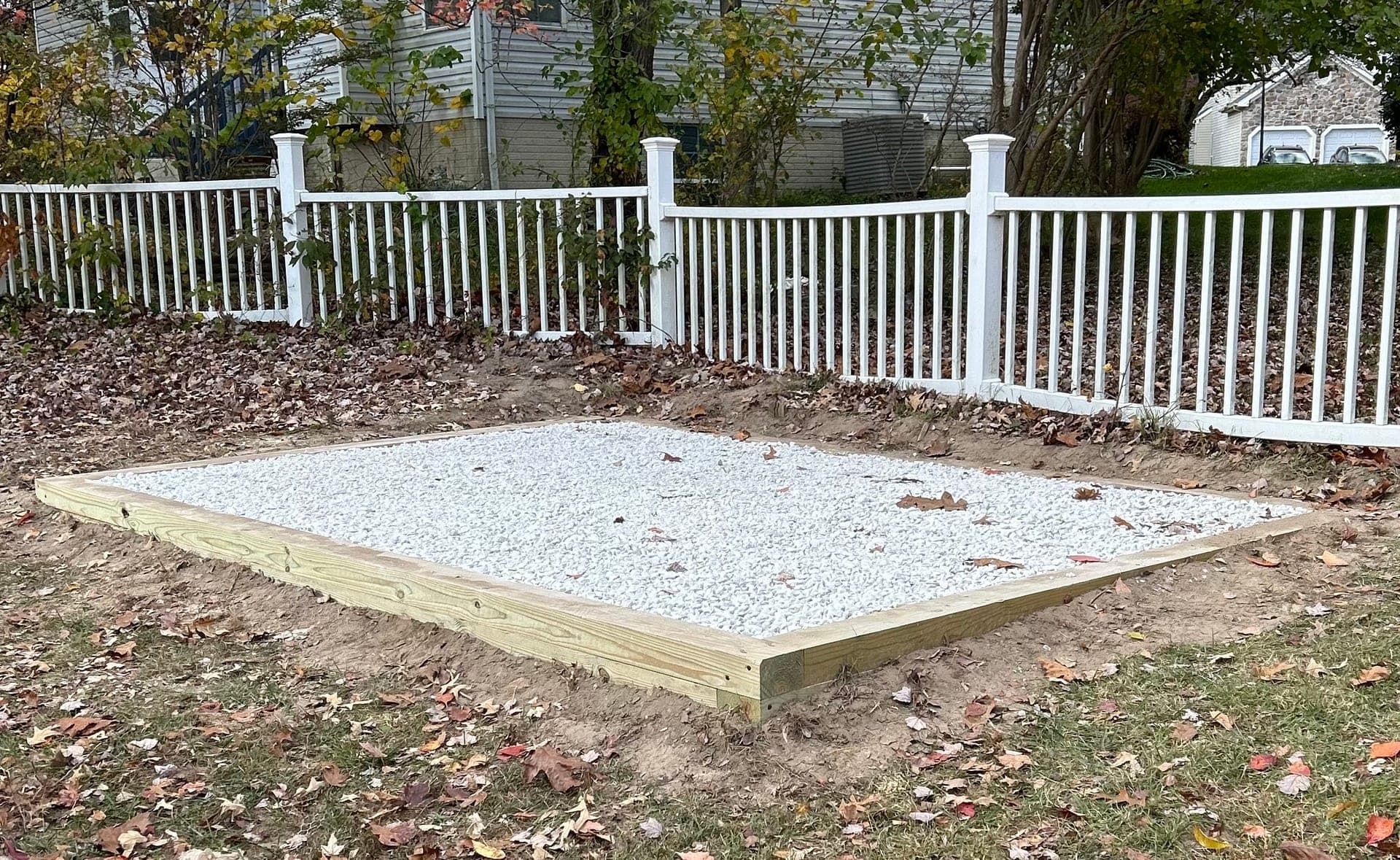 Timber-framed gravel pad with white crushed stone ready for shed delivery